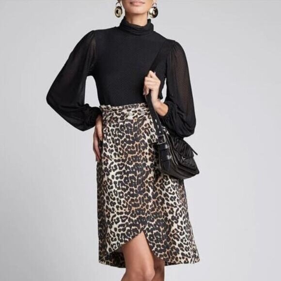 GANNI Leopard-Print Cotton-Denim Wrap Skirt EU 40 / US 8-10 - Picture 2 of 11